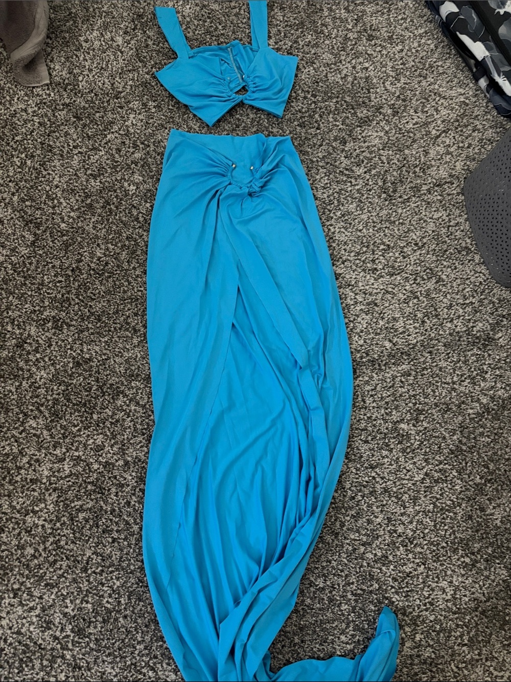 Turquoise Two-Piece Knot Front Crop Top & Maxi Skirt Set